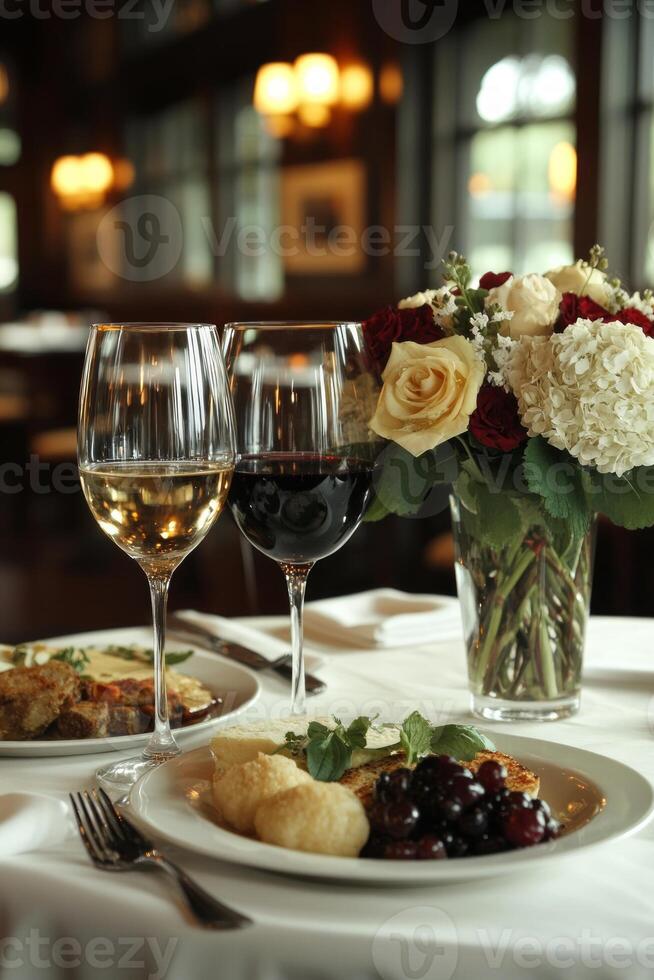 Two glasses of wine sit on a table next to delicious dishes, complemented by a lovely bouquet of flowers in a warmly lit restaurant during dinner service photo