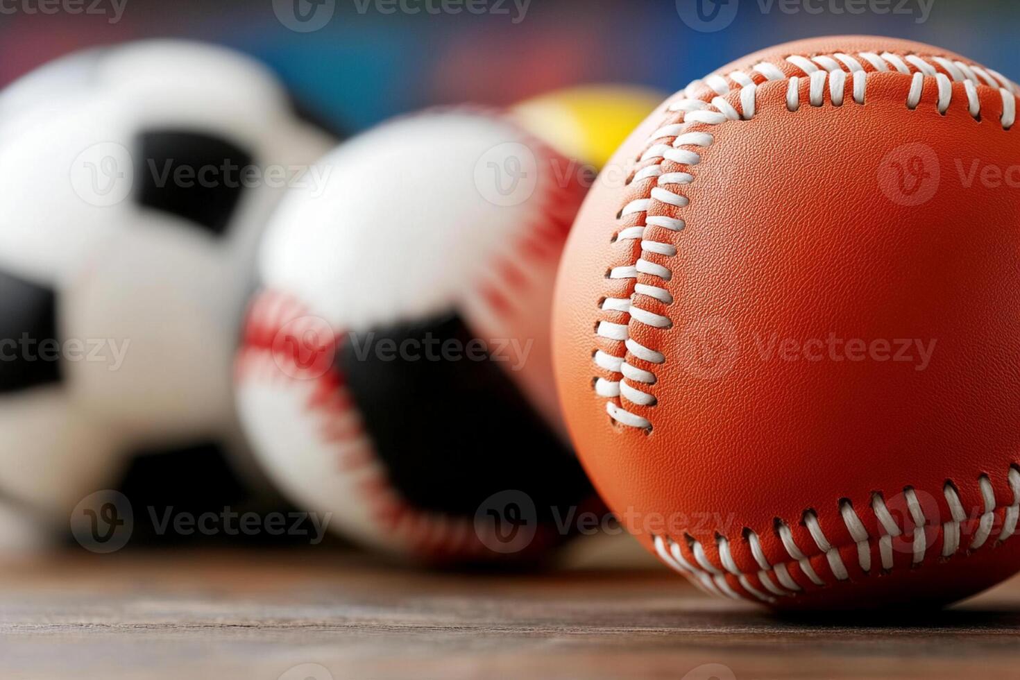 A close up of several baseballs and soccer balls photo
