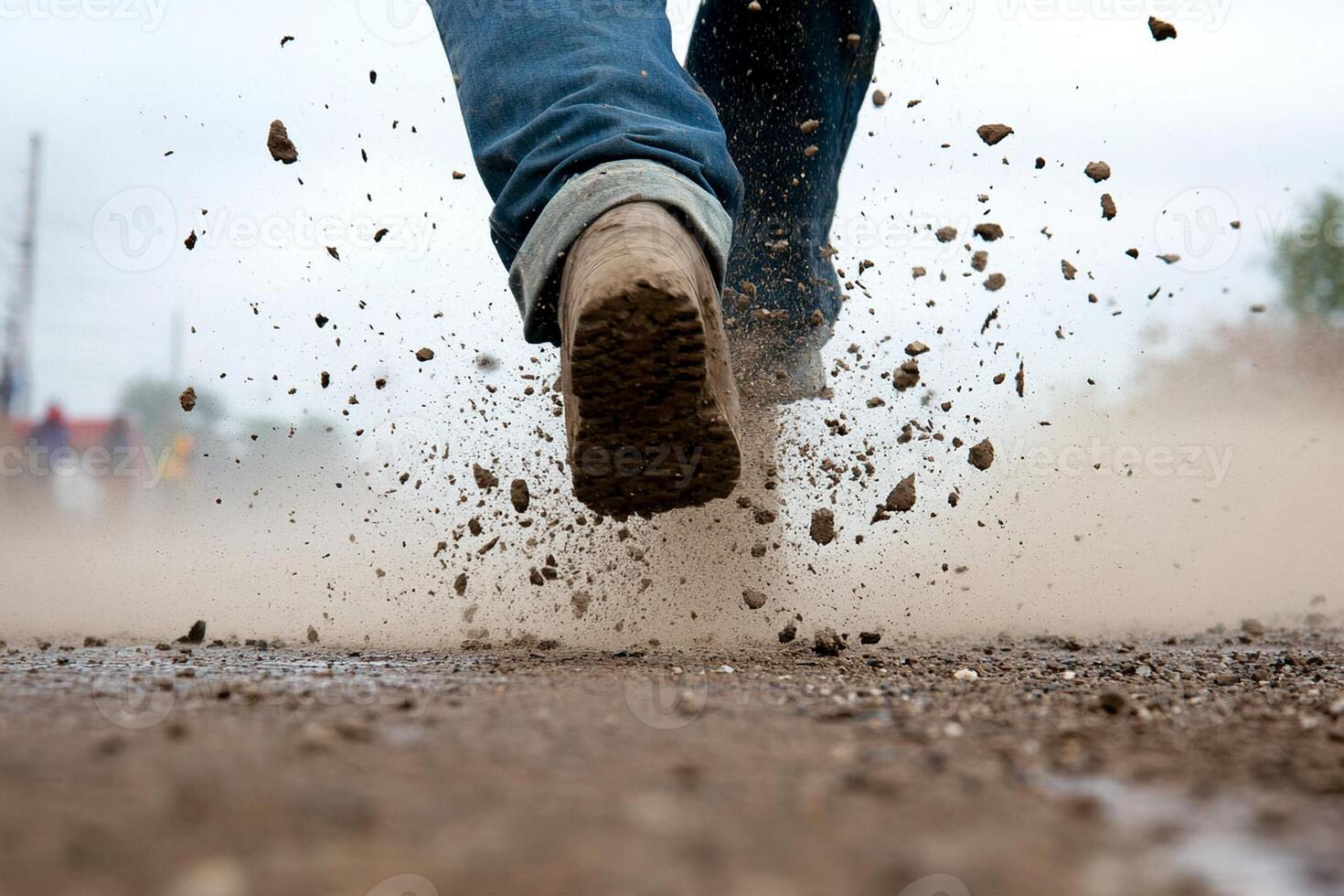 A person's feet are running through a muddy field photo