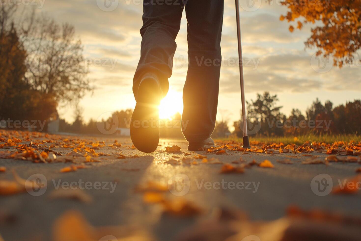 A person walking with a cane in the fall photo