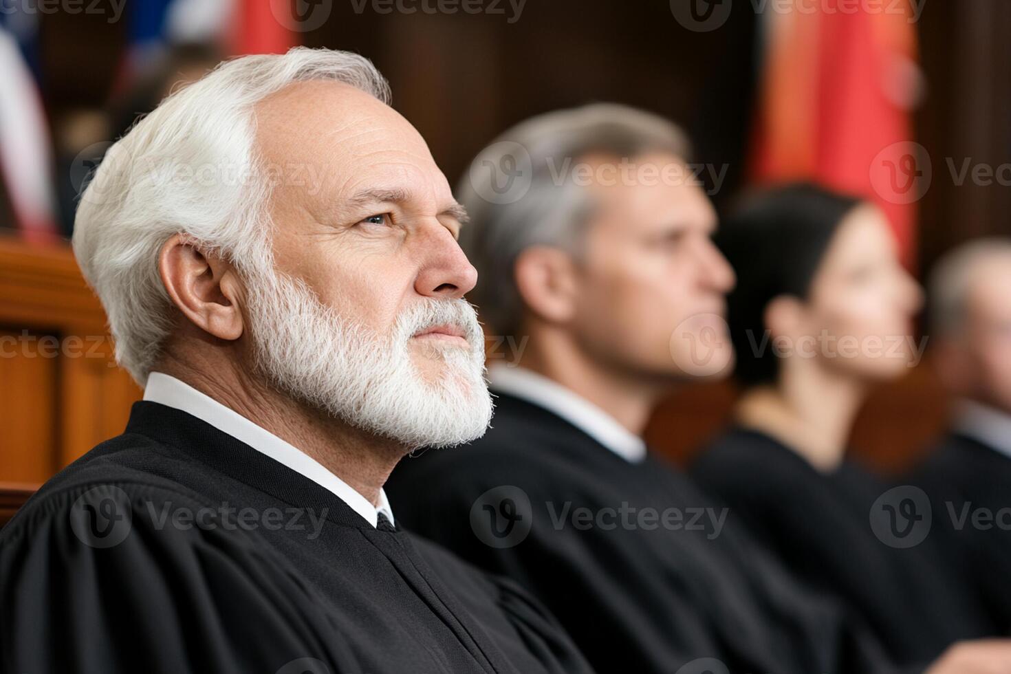 A judge sitting in a courtroom with other judges photo