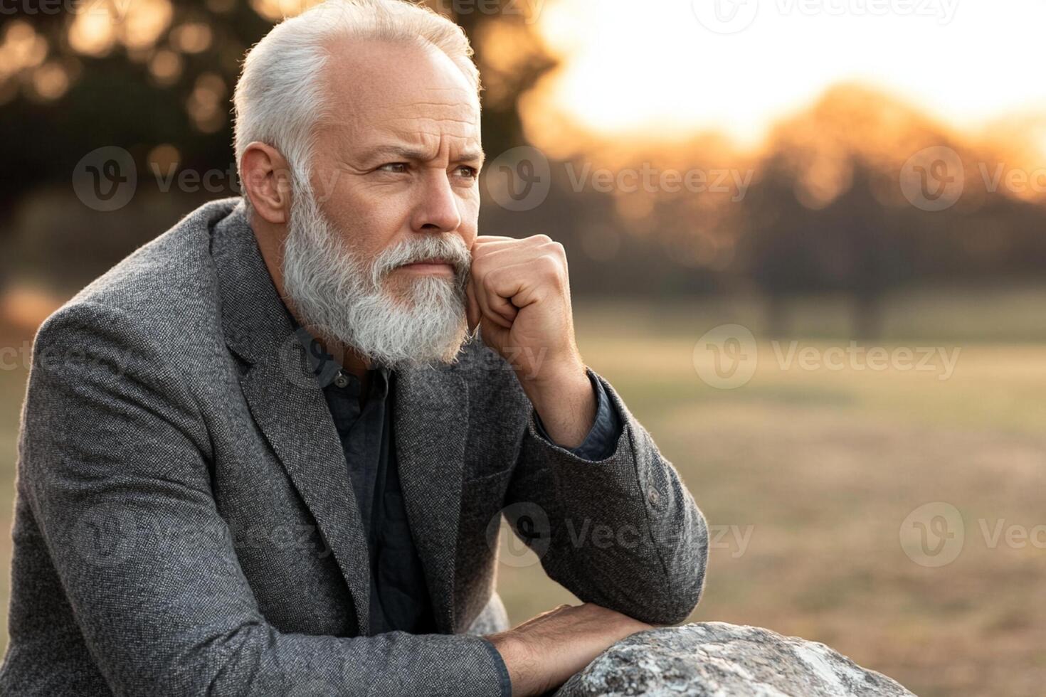 An older man with a white beard sitting on a rock photo