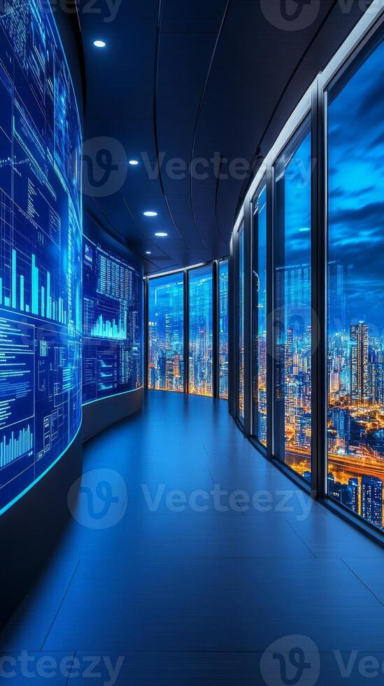 This location features a sleek corridor illuminated by blue data displays, revealing a stunning city skyline as dusk falls over the urban landscape photo