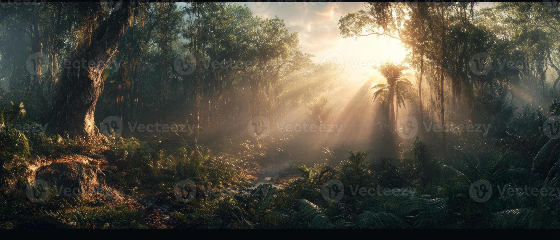 Sunlight breaks through the thick canopy, illuminating vibrant greenery and majestic trees in a serene jungle during early morning hours photo