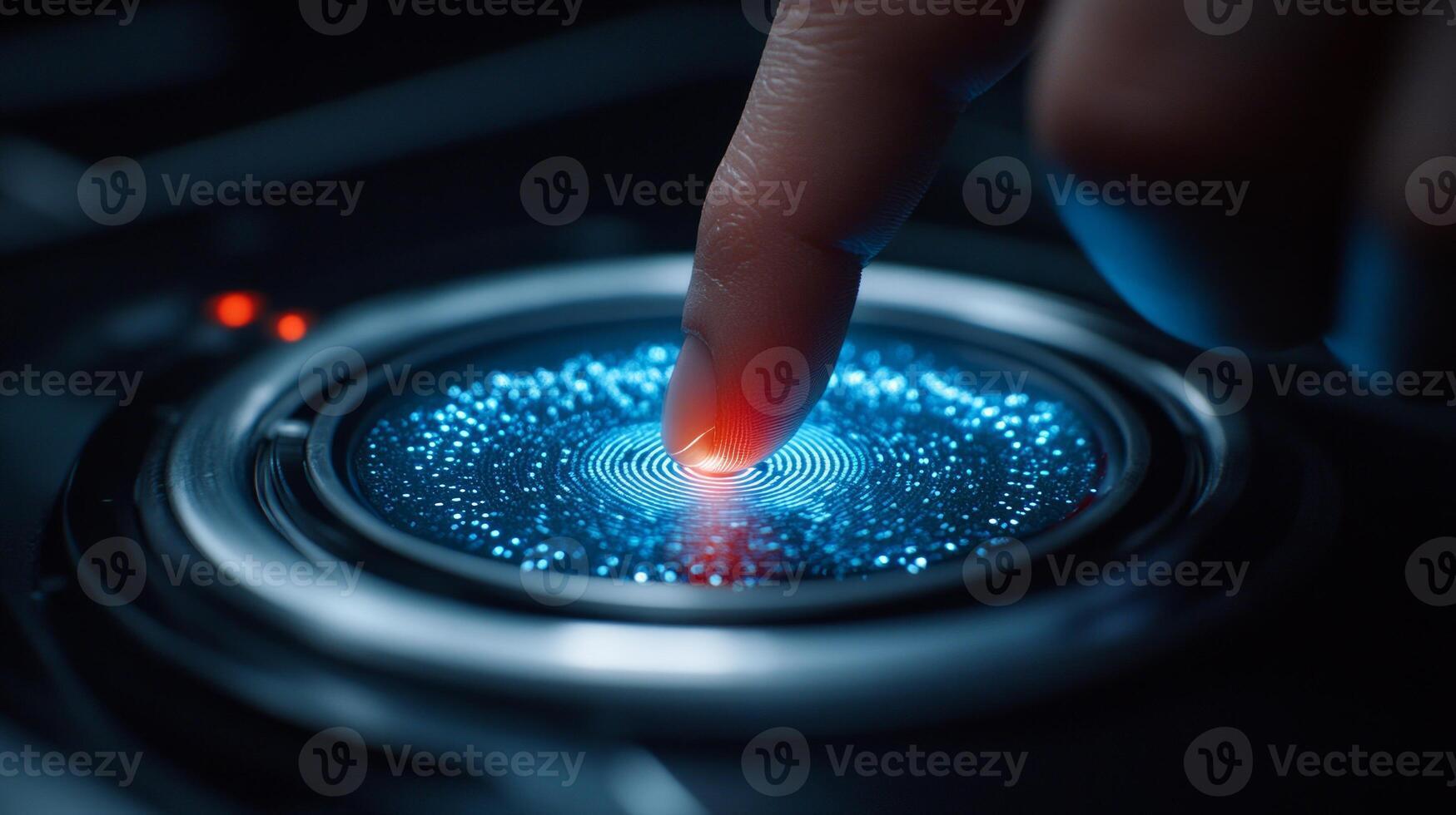A fingertip gently touches a high-tech touch interface, lighting up dynamic patterns in vivid colors. The setting is dark, highlighting the glowing effects photo