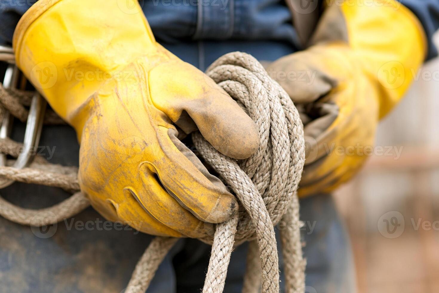 A man in a blue shirt and yellow gloves holding a rope photo