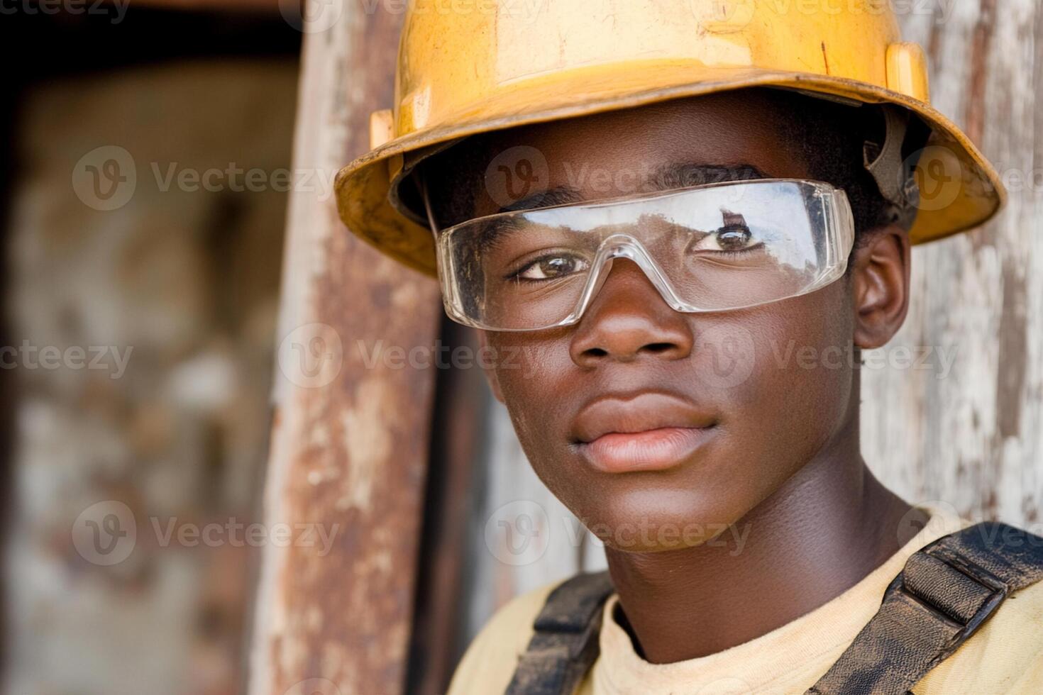 A young black man wearing a hard hat and safety glasses photo