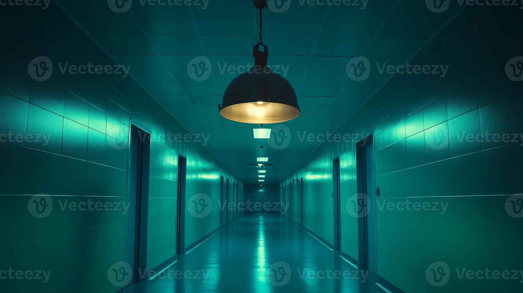 A long corridor features teal walls and multiple doors, illuminated by a single overhead light that enhances the unsettling ambiance of the space photo