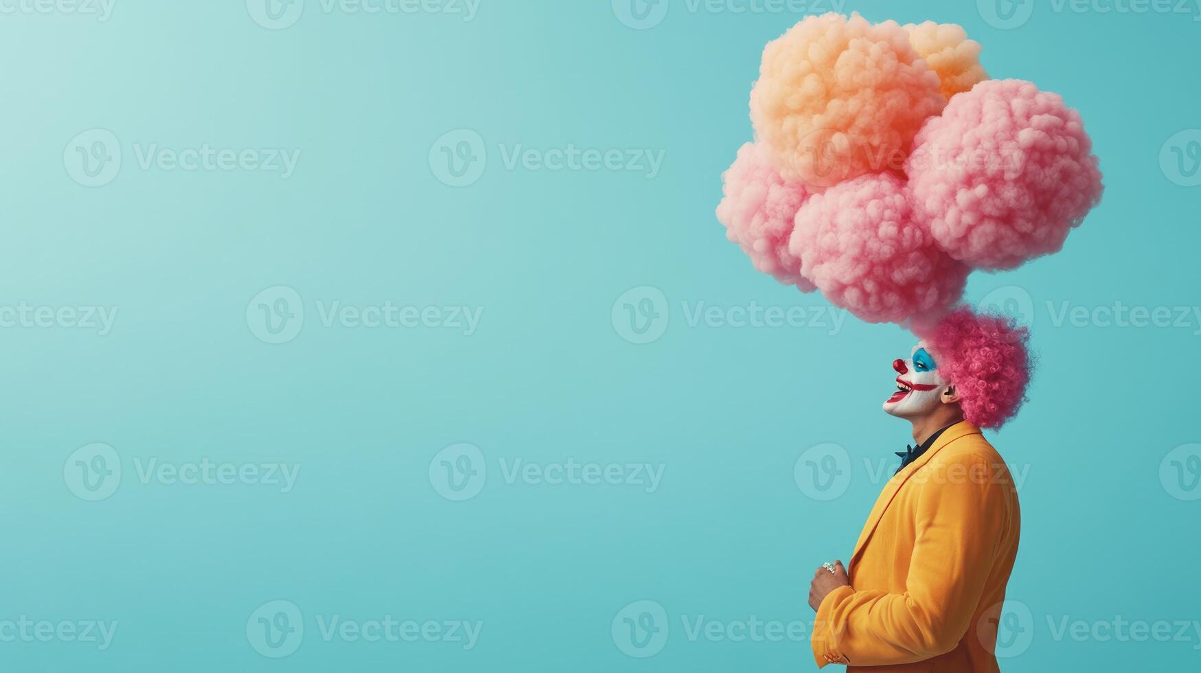 A clown in a bright yellow suit brings joy to children at a birthday party, surrounded by colorful decorations and a fun atmosphere filled with laughter photo