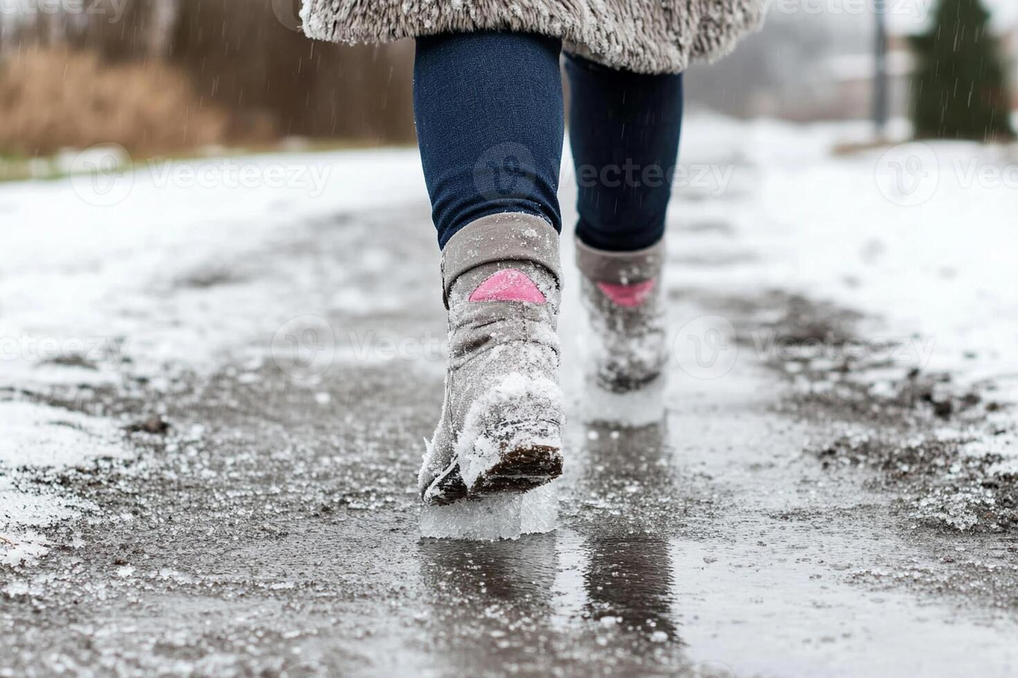 A person walking in the snow with pink boots photo