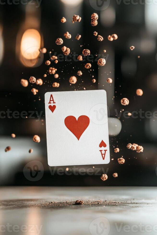 An ace of hearts card hovers mid-air, surrounded by flying poker chips, capturing the excitement of gaming in a vibrant casino setting photo