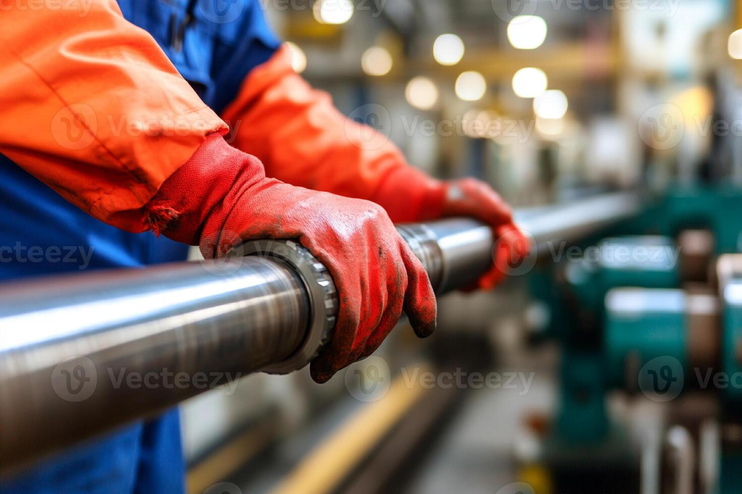 A person in an orange and blue uniform is holding a pipe photo