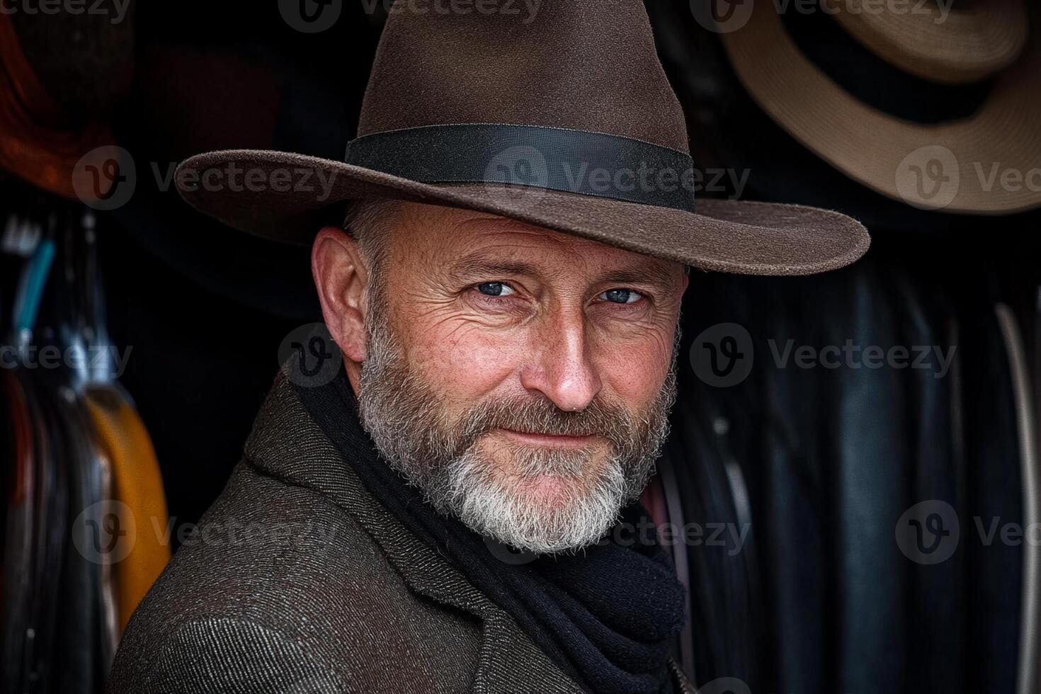 A man with a beard and hat standing in front of a rack of hats photo
