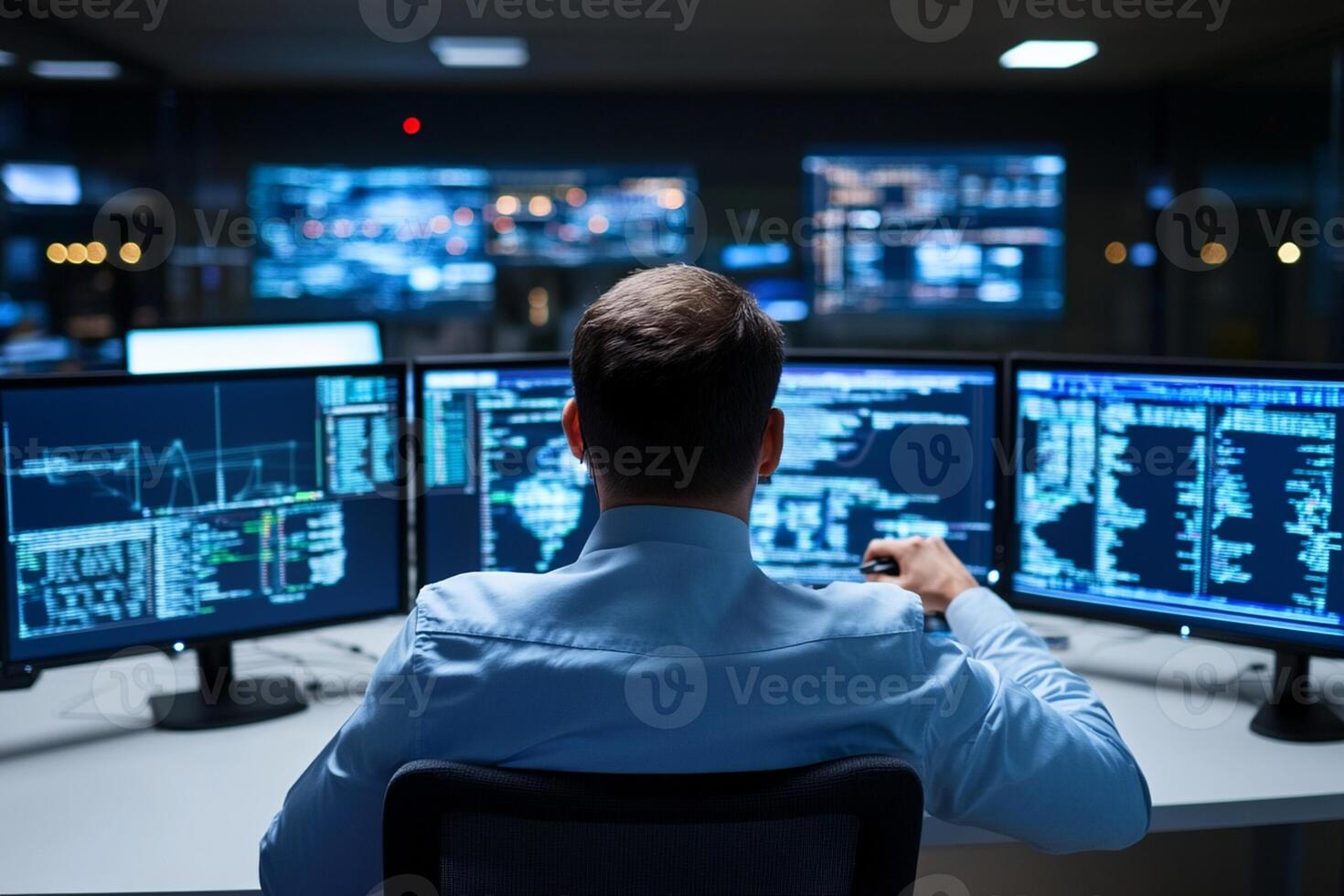 A man sitting at a desk with multiple computer screens photo