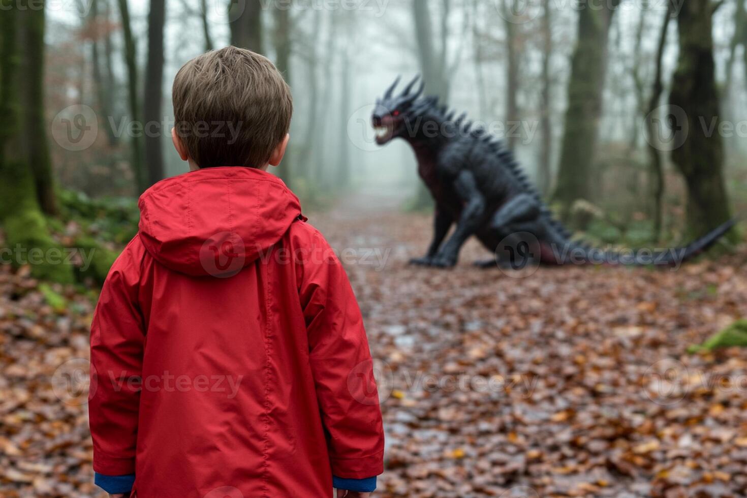 A boy in a red jacket is looking at a monster in the woods photo