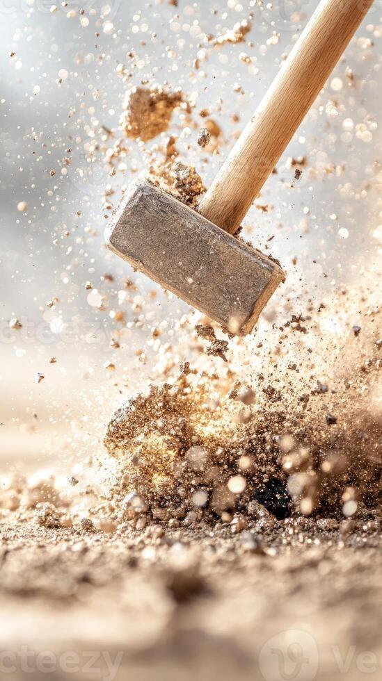 A blacksmith works diligently in a workshop, striking hot metal on an anvil with a hammer, generating sparks and dust, showcasing skill and craftsmanship photo