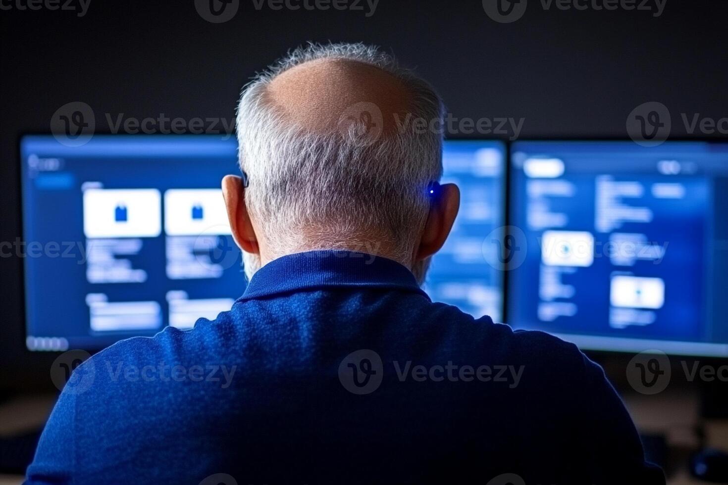 A man sitting in front of three computer screens photo