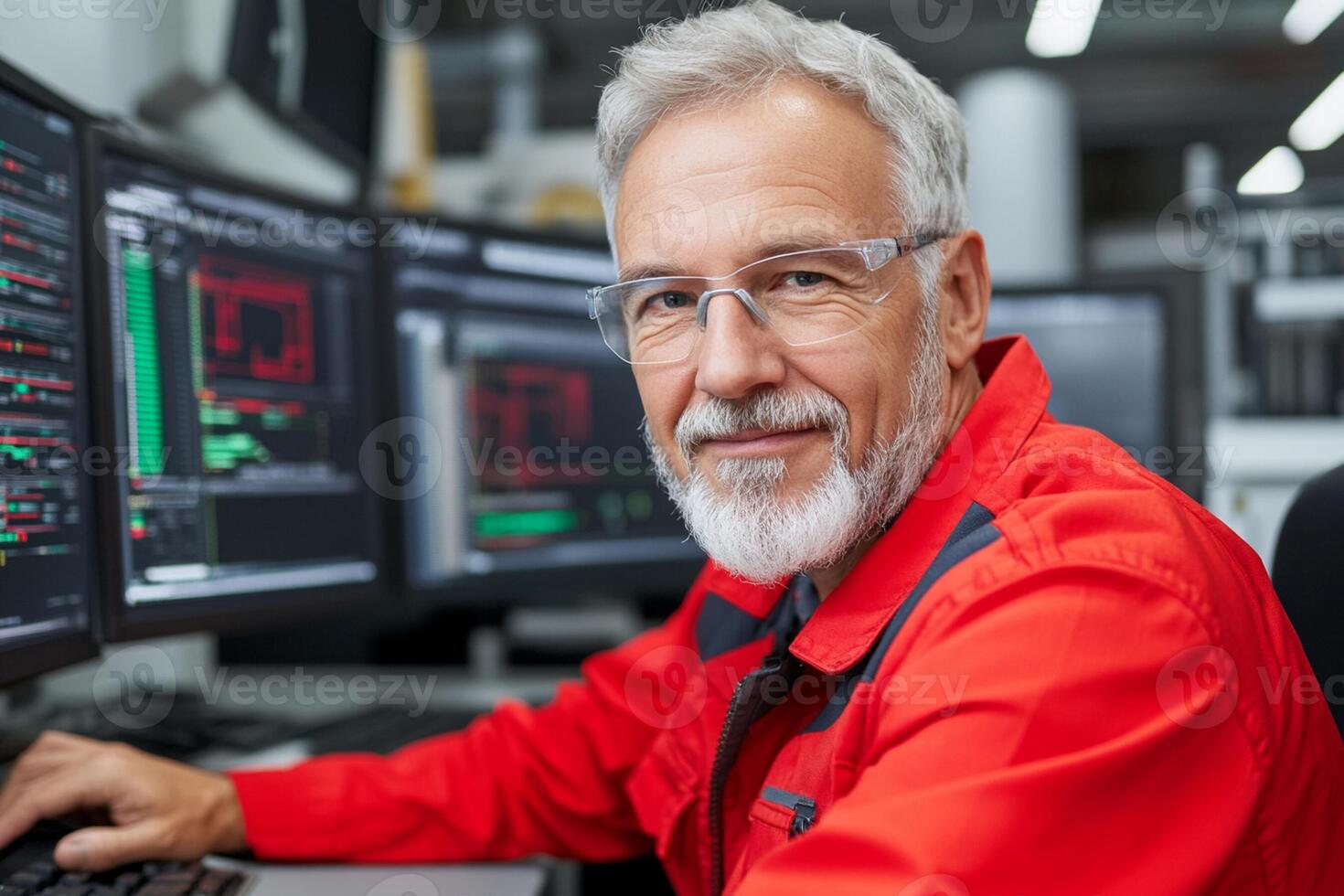 An older man in a red shirt and glasses sitting at a computer photo