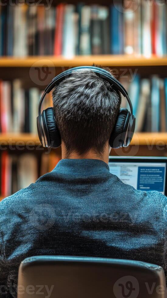 Engaged in study, an individual sits at a desk with a laptop, wearing headphones, focused on coursework in a quiet library filled with bookshelves photo