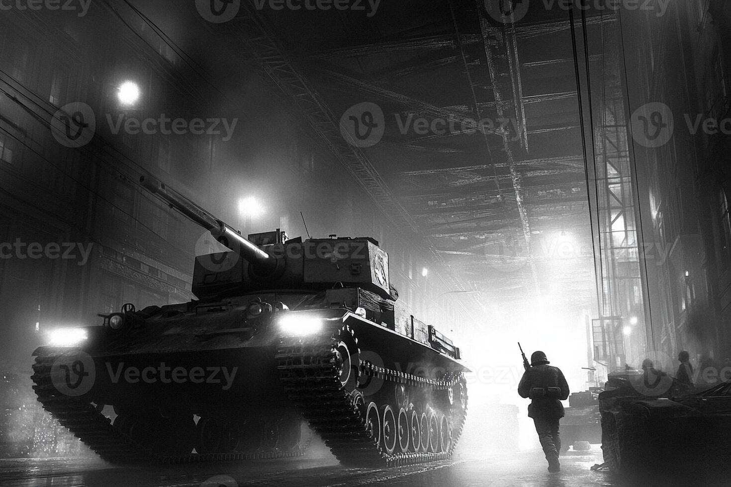 A man walking down a dark street with a tank photo