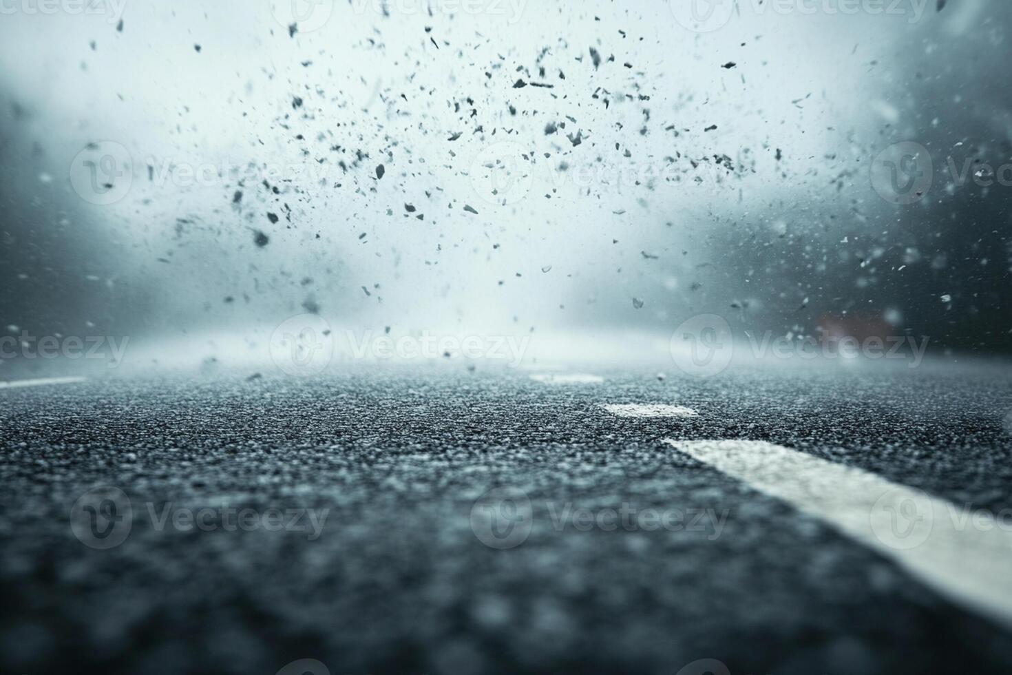 A road with a white line on it in the rain photo
