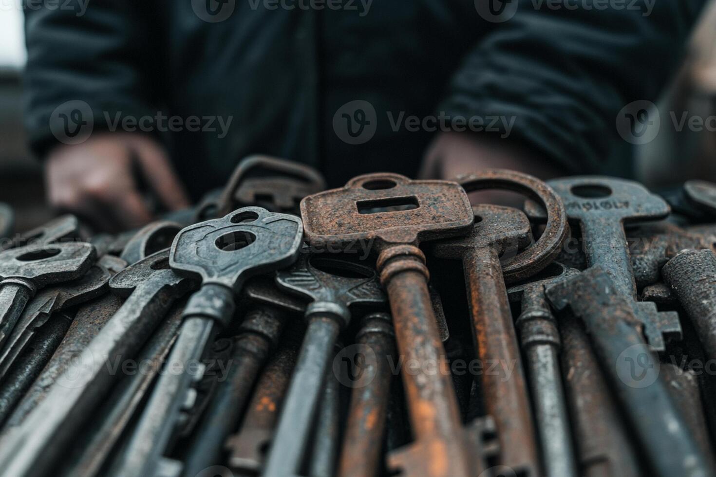 A person standing in front of a pile of old keys photo
