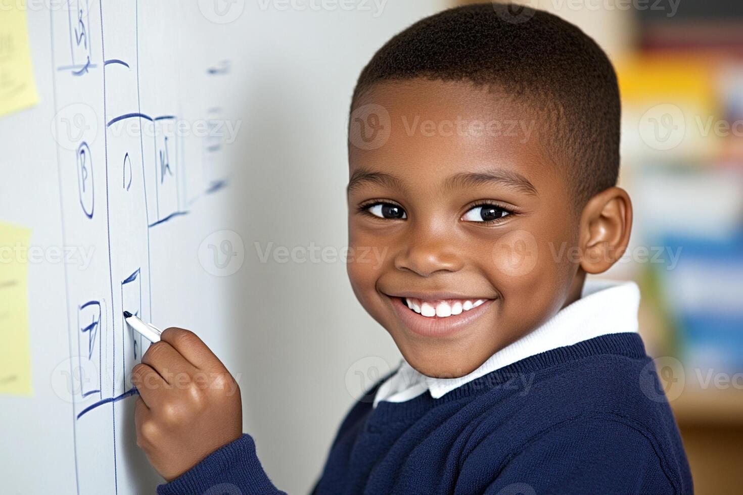 A young boy is smiling while writing on a whiteboard photo