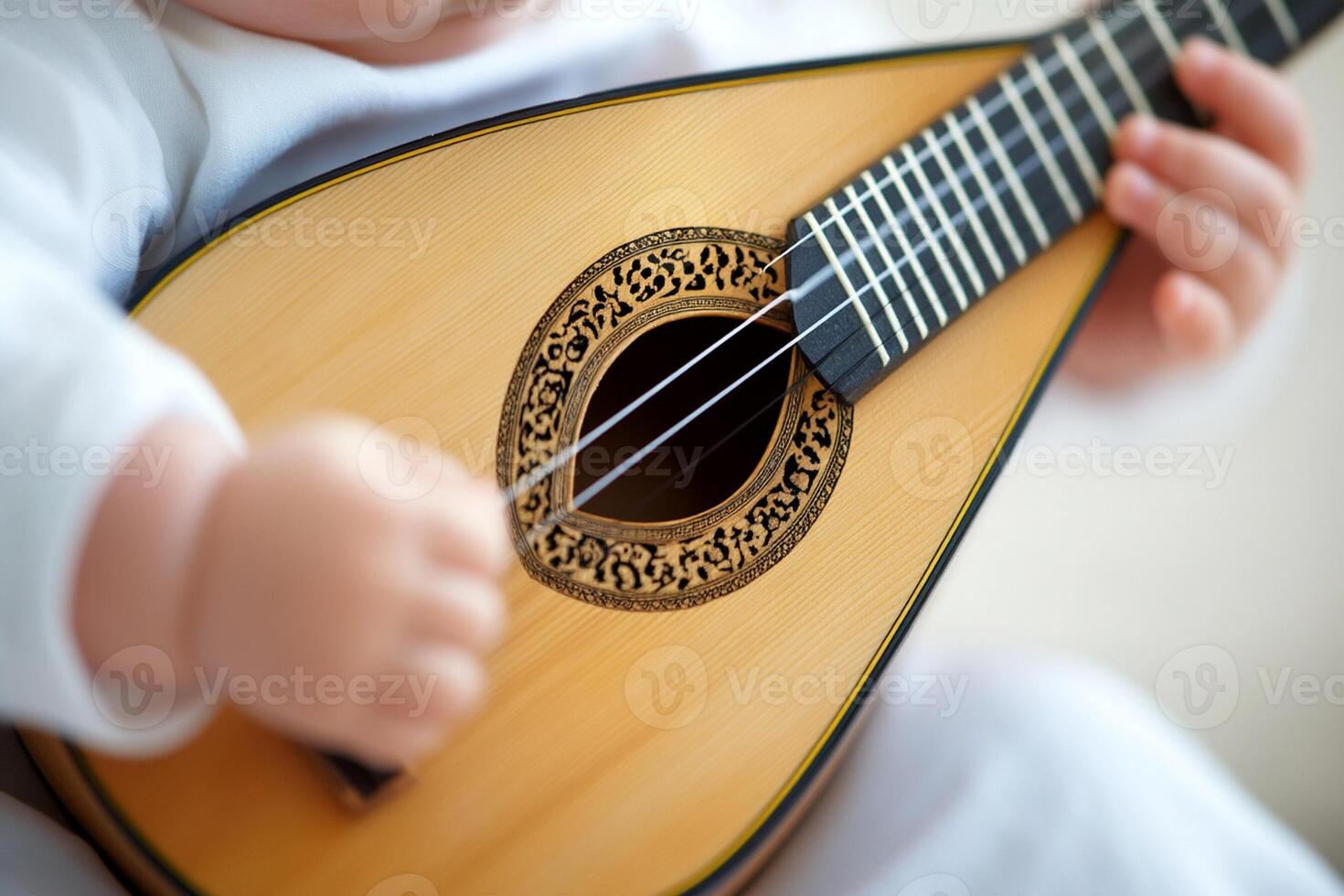 A baby holding a guitar with a white background photo