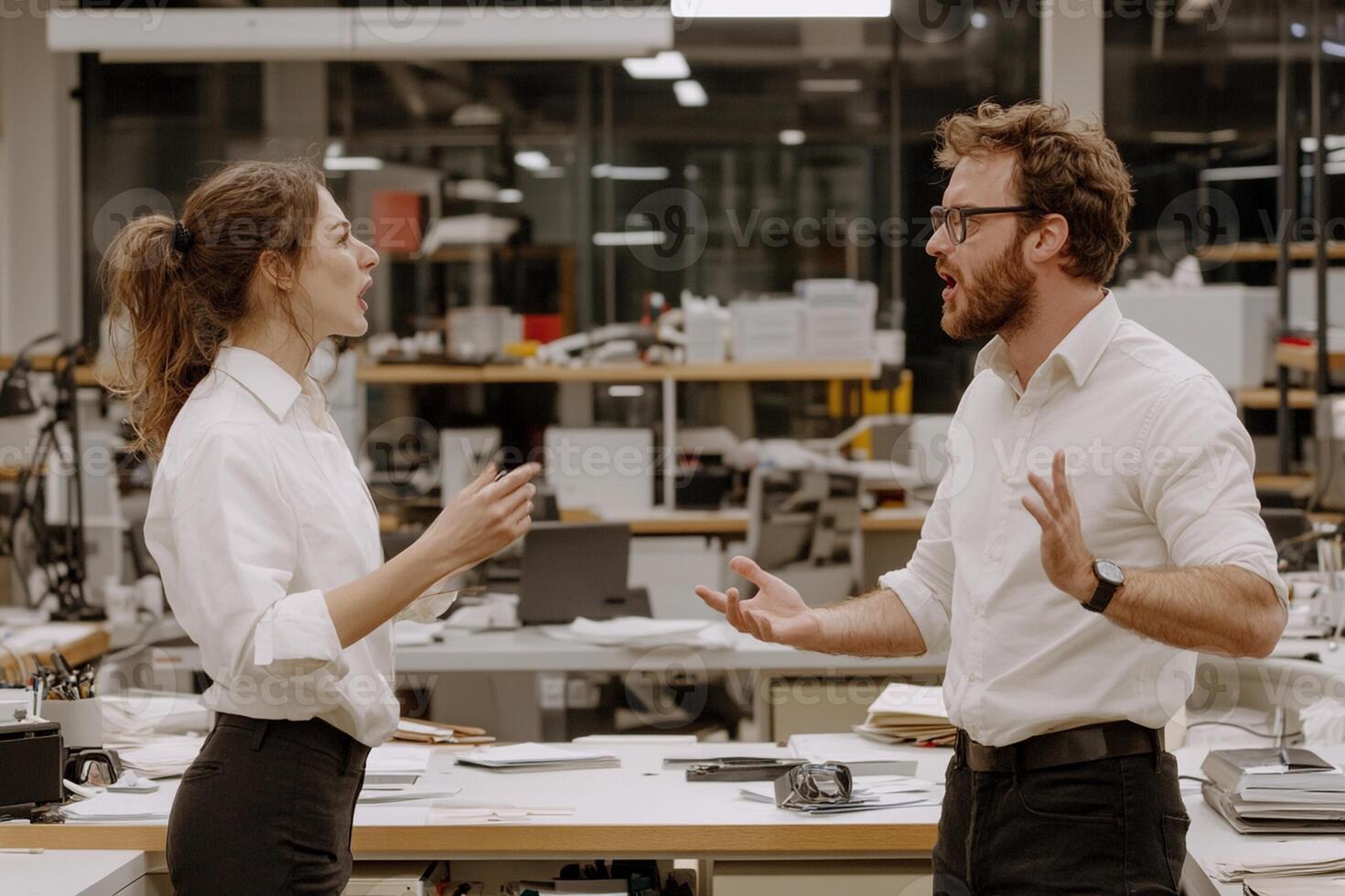 Two people talking in an office setting photo