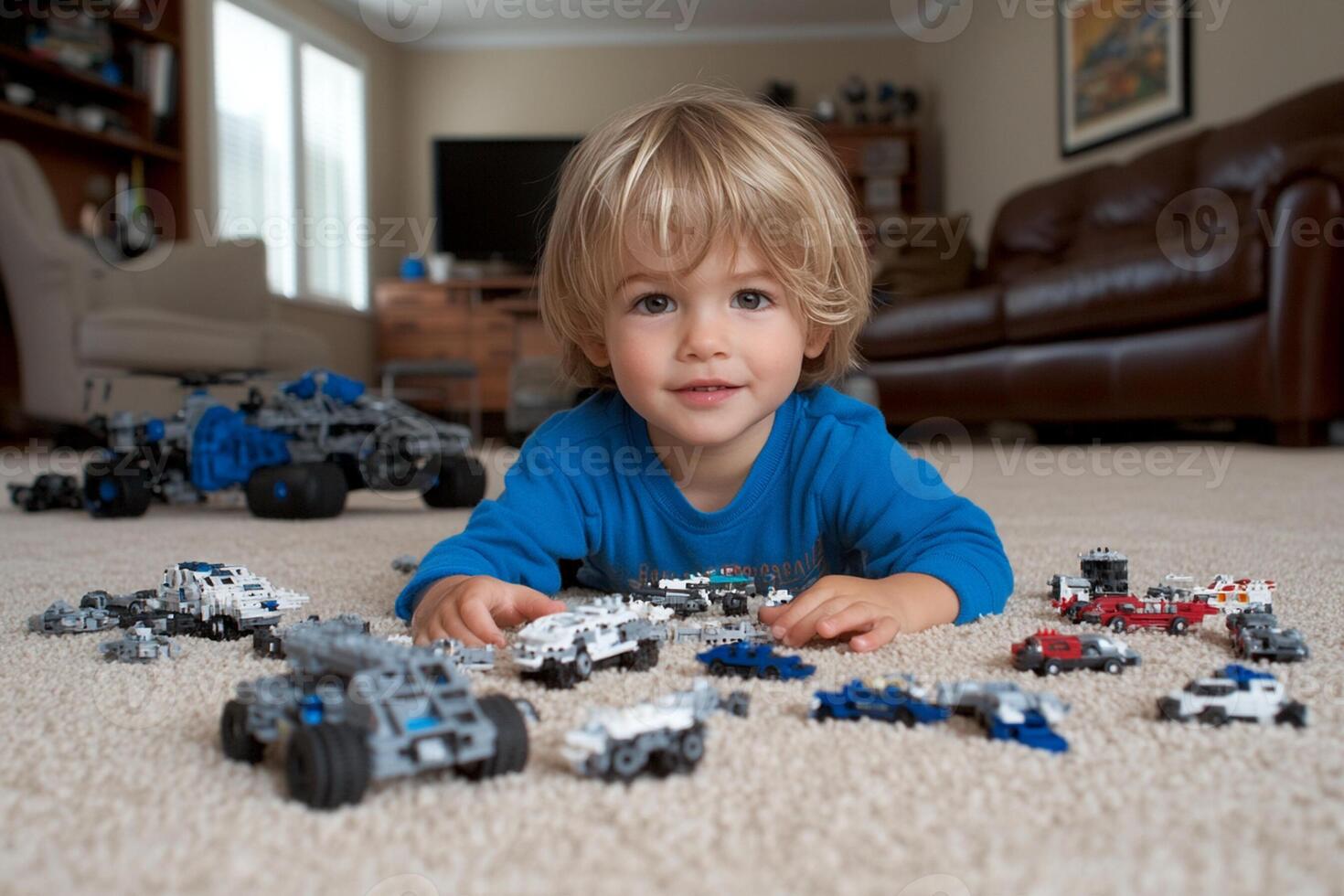 A young boy laying on the floor with lego vehicles photo