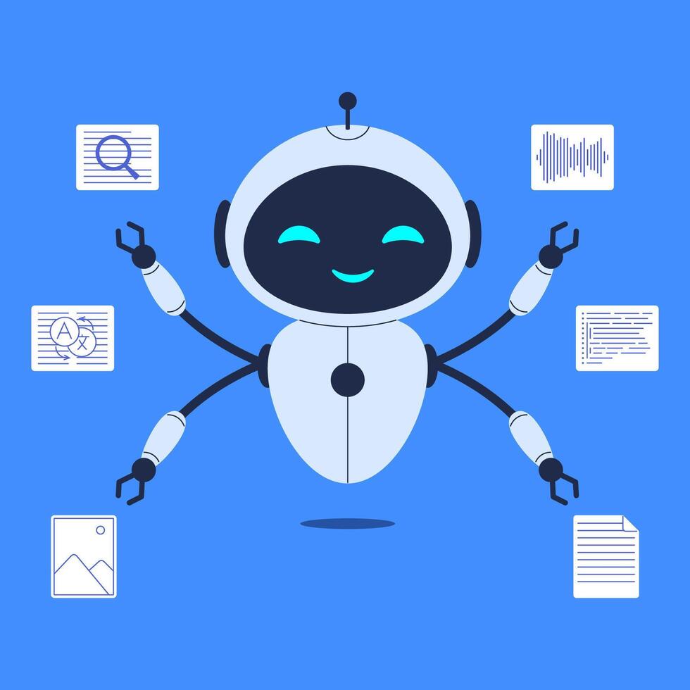 Multitasking robot handling various functions. illustration for artificial intelligence, smart assistant and automation technology concepts vector