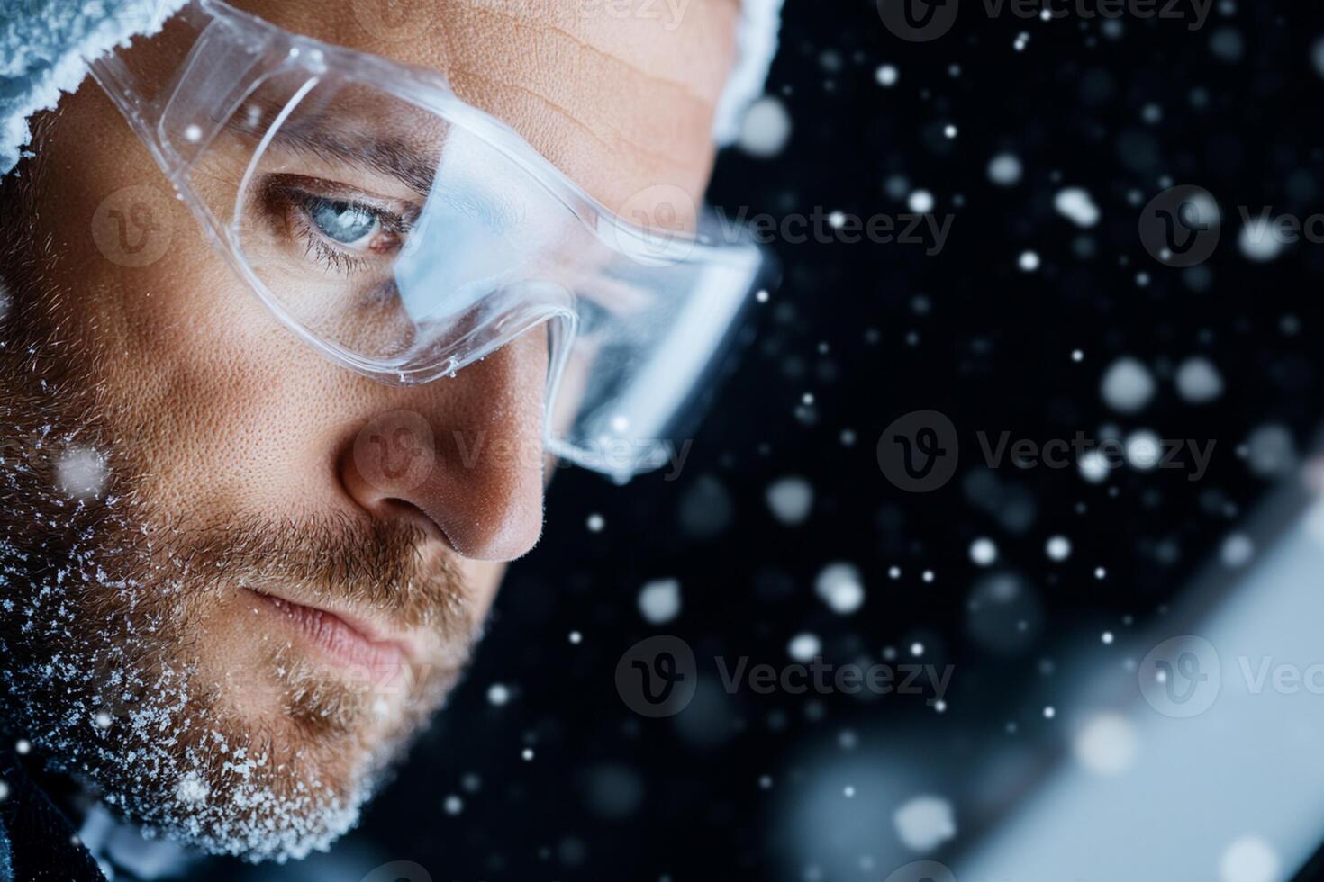 A man wearing goggles and a winter hat is looking at a tablet photo
