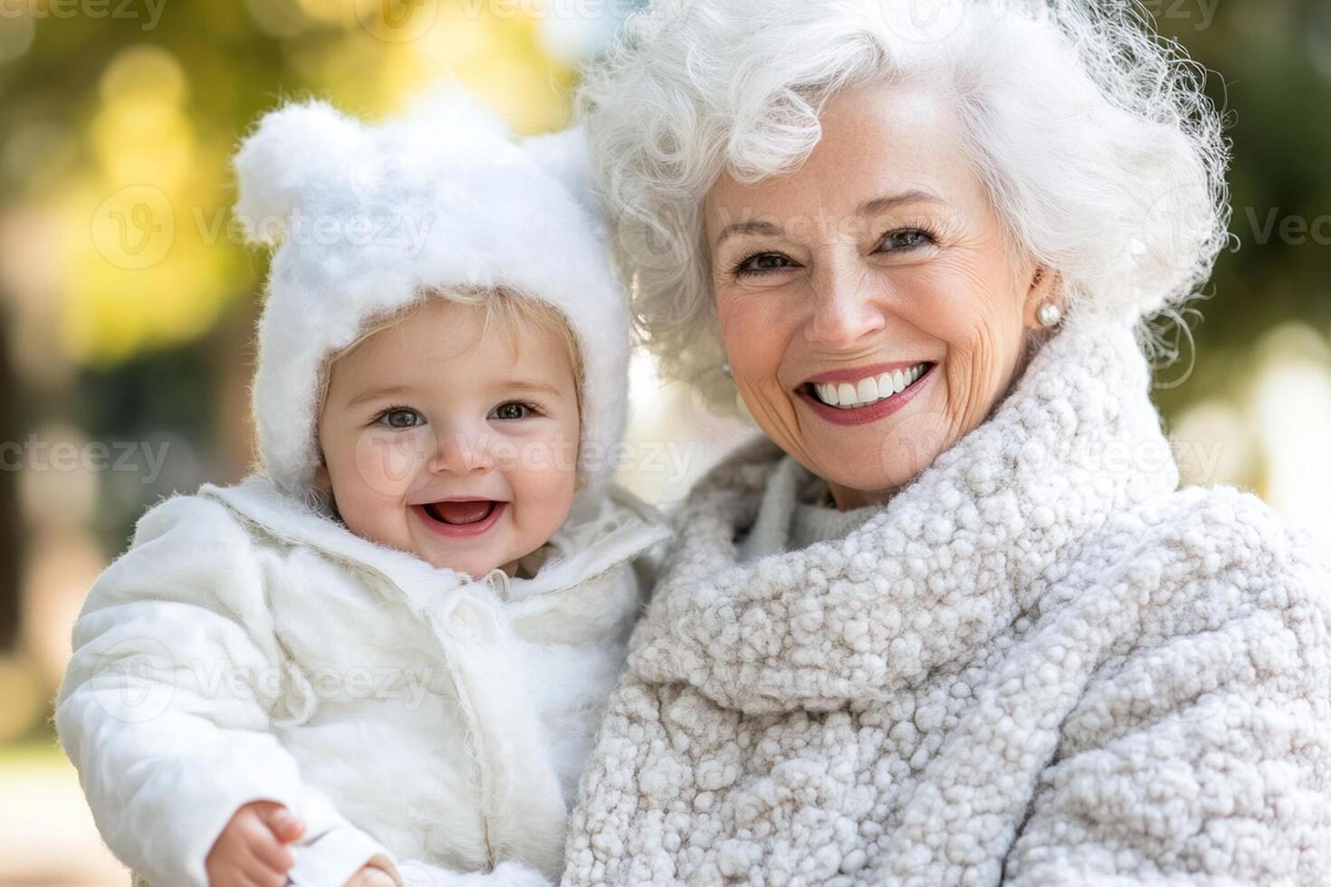 An older woman holding a baby in a winter coat photo