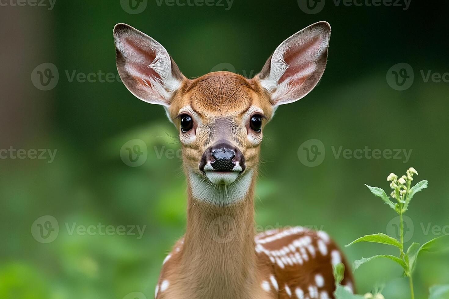 A fawn is standing in the grass with its eyes open photo