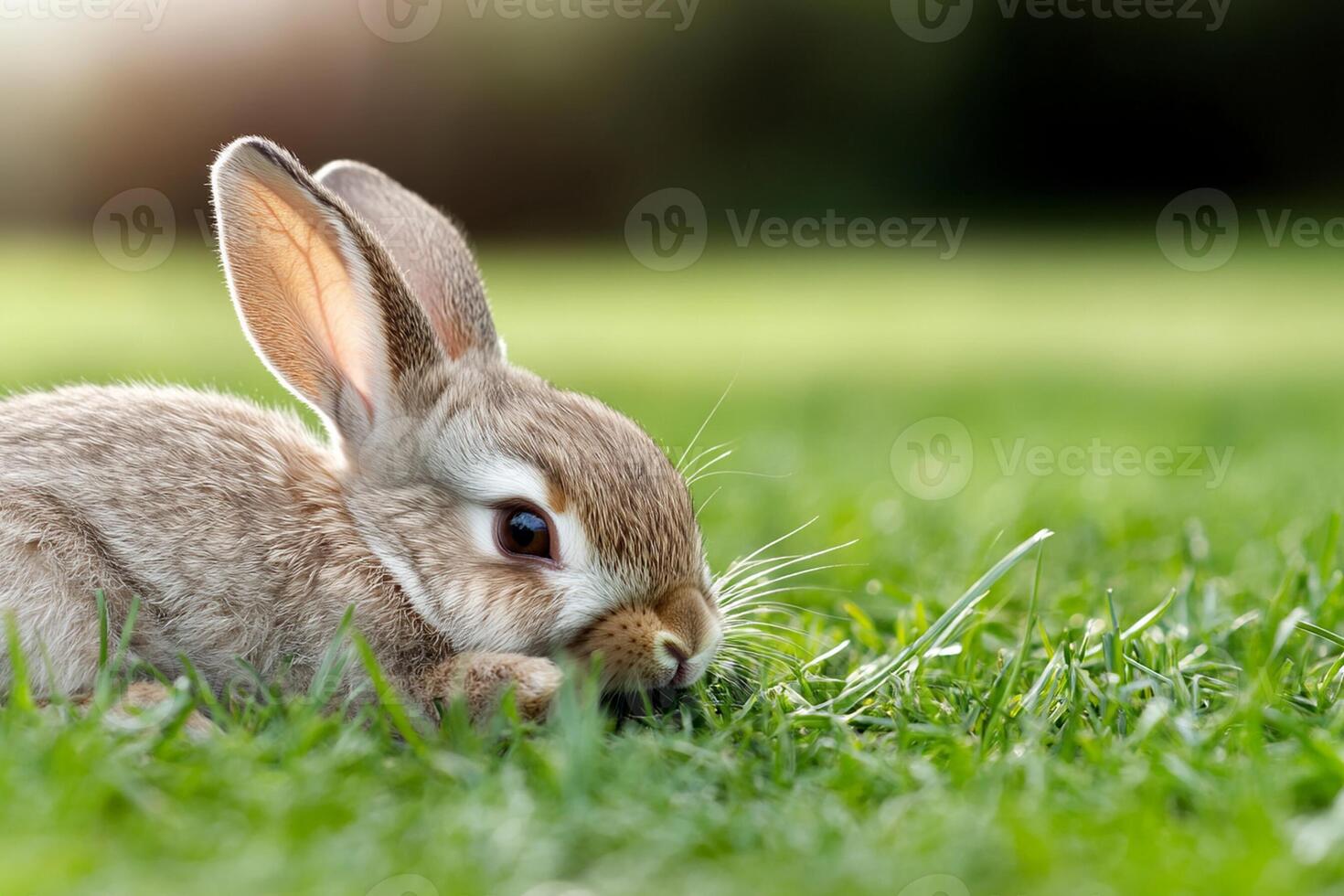 A small rabbit is sitting on the grass photo