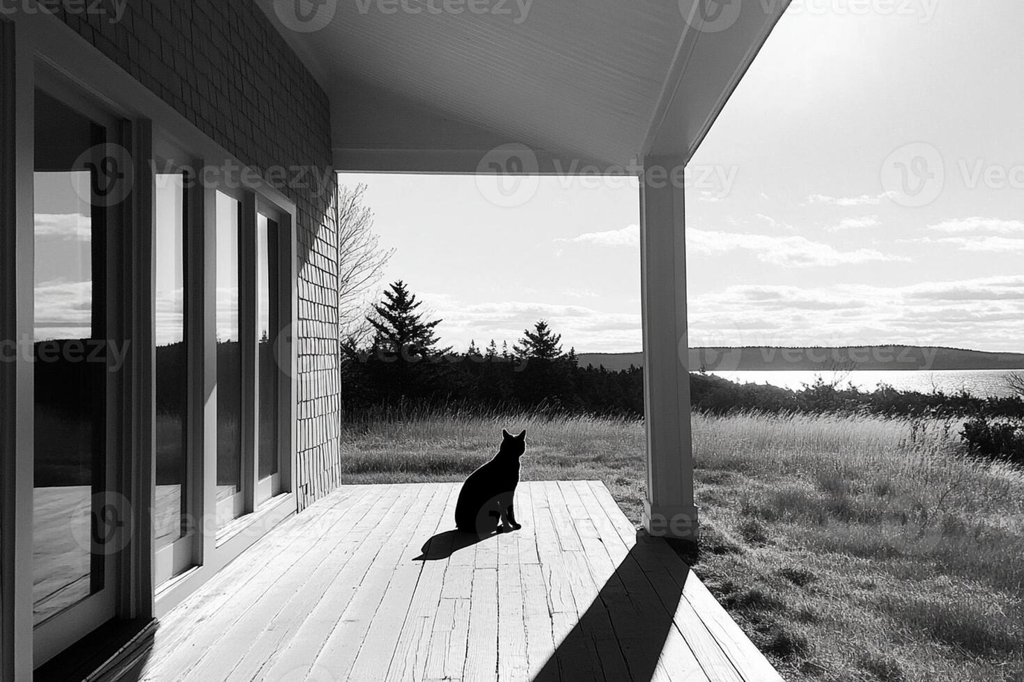 A black and white photo of a cat sitting on a porch