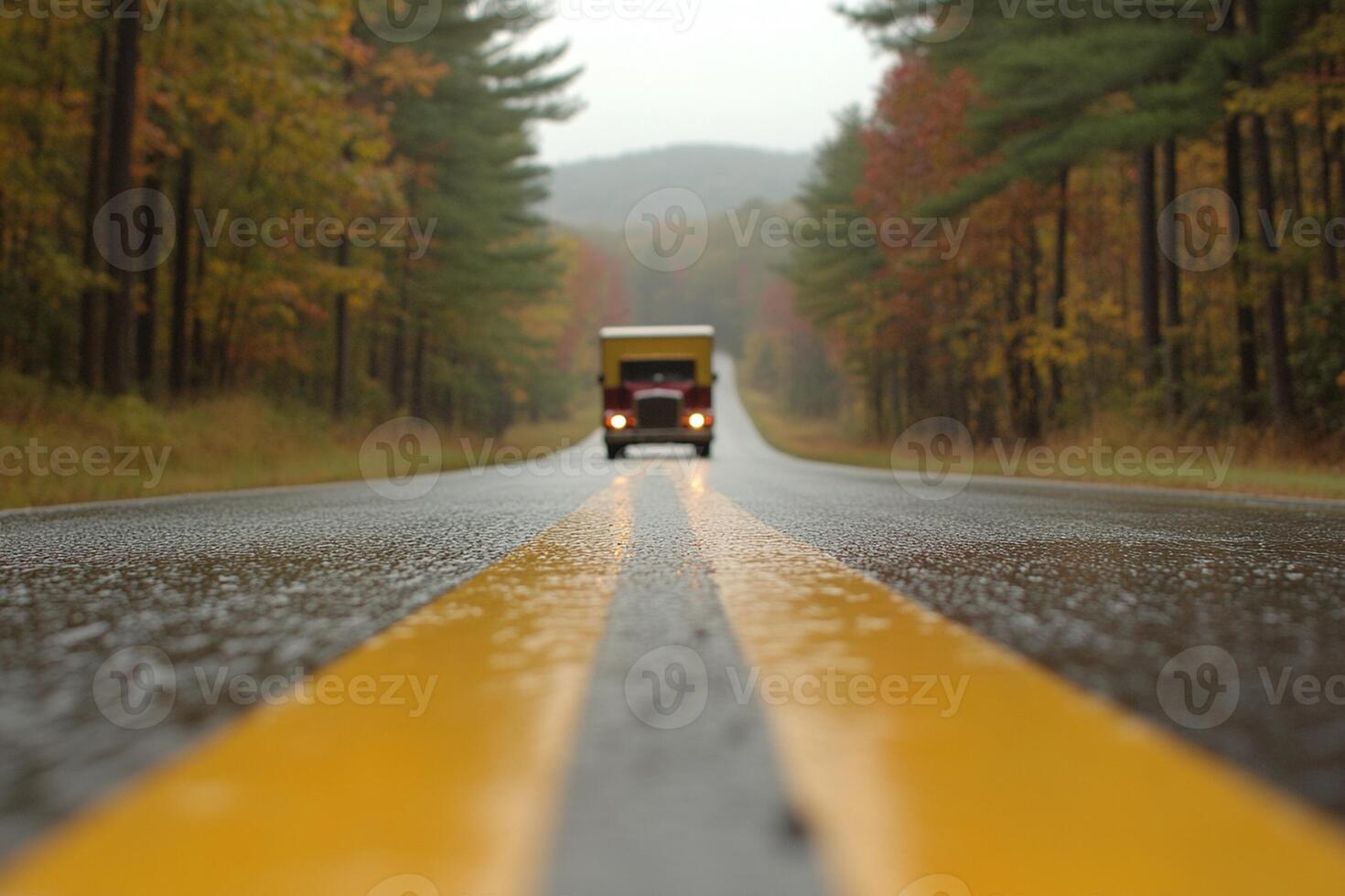 A truck driving down a wet road in the woods photo