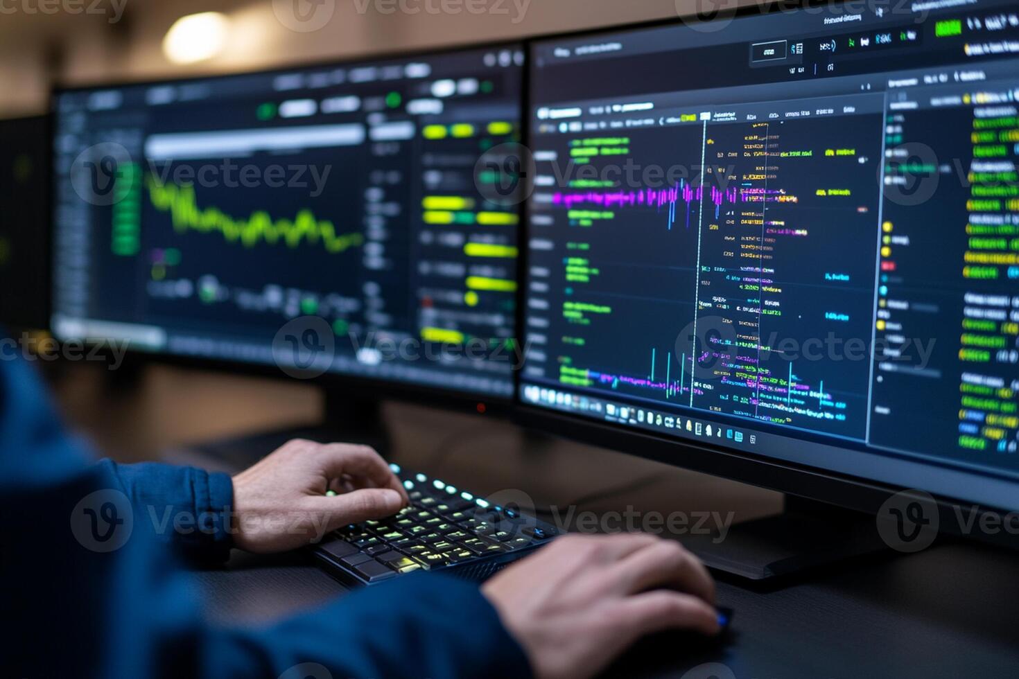 A person is typing on a keyboard in front of two computer monitors photo