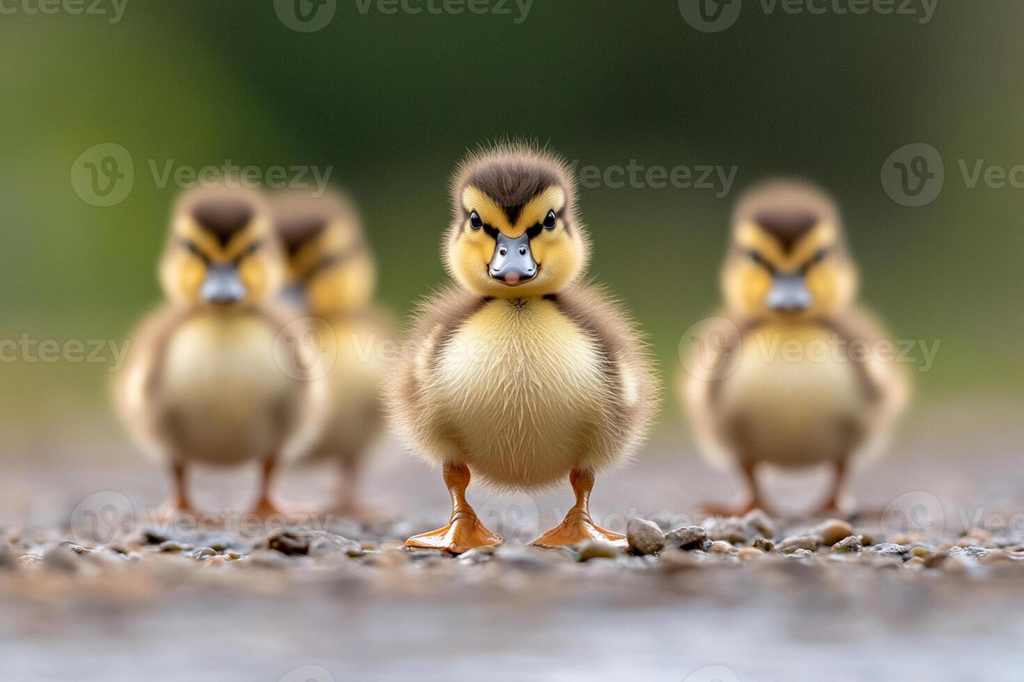 A group of ducklings walking on the ground photo
