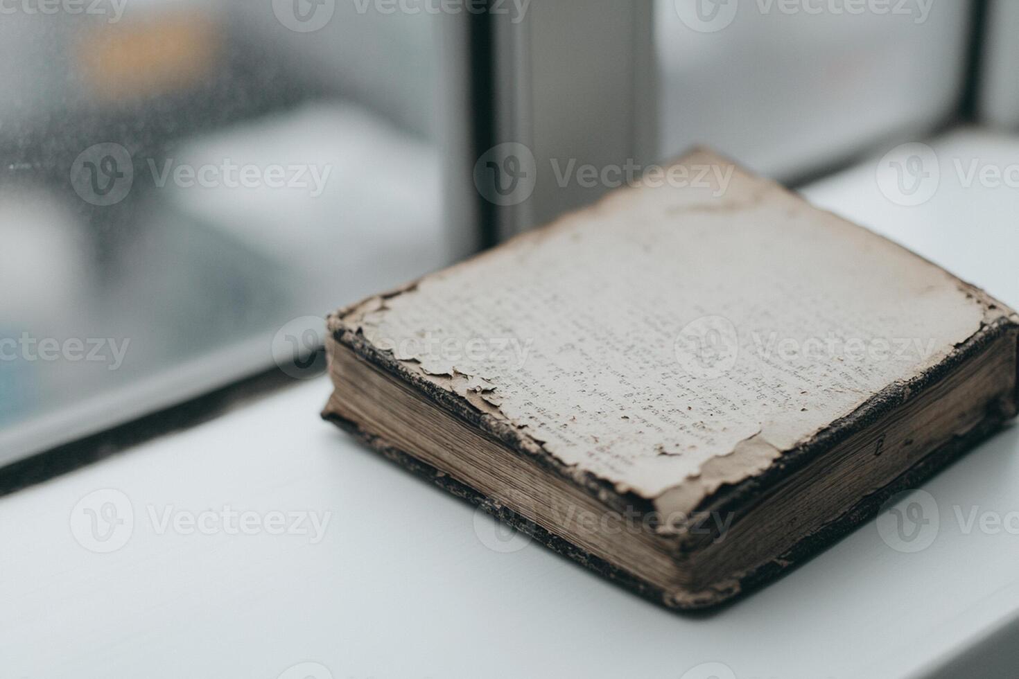 An old book sitting on a window sill photo