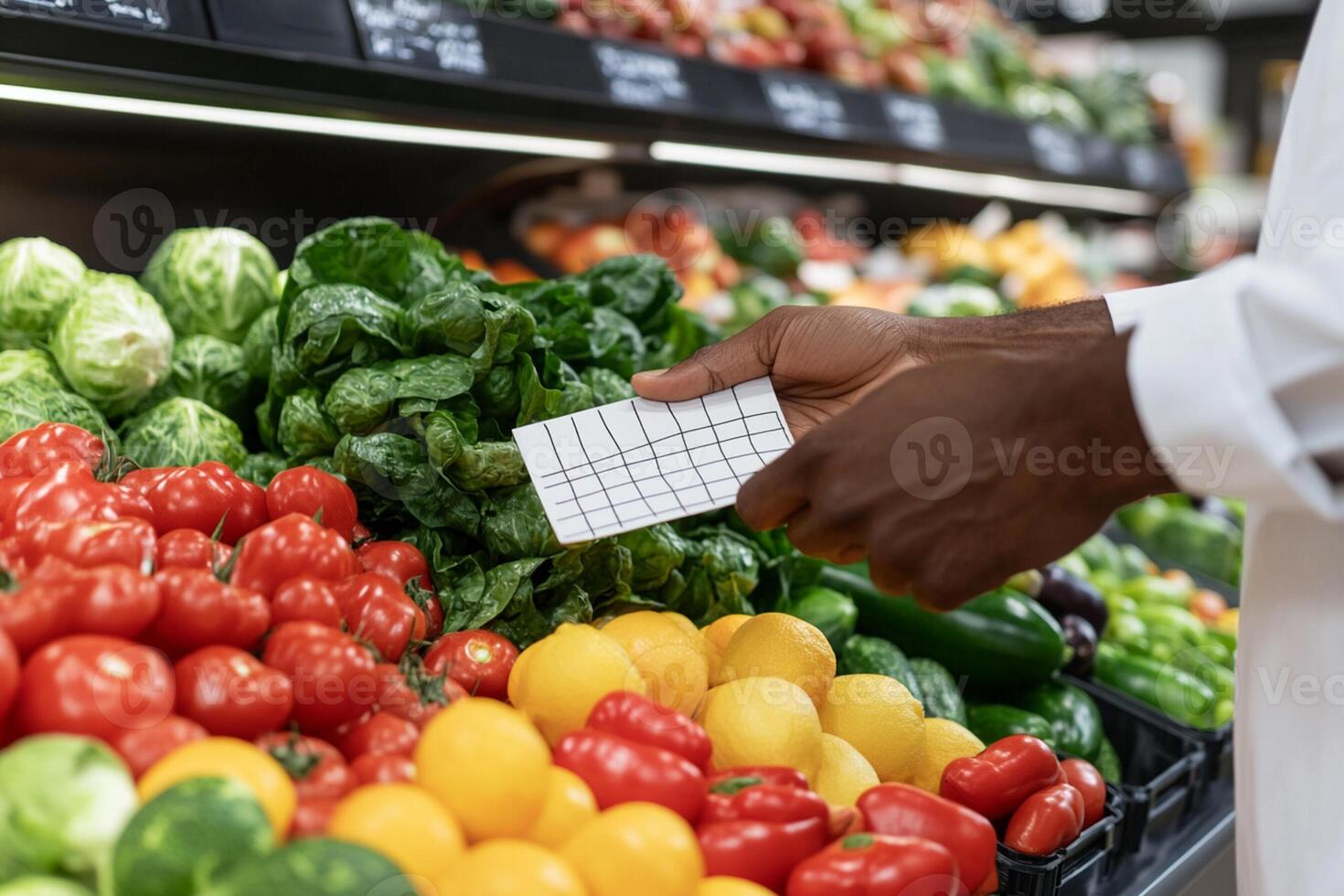 A person is holding a card in front of a produce display photo