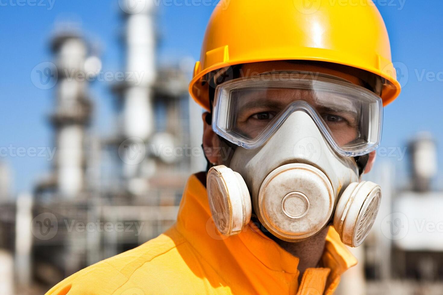 A man wearing a gas mask and yellow safety helmet photo