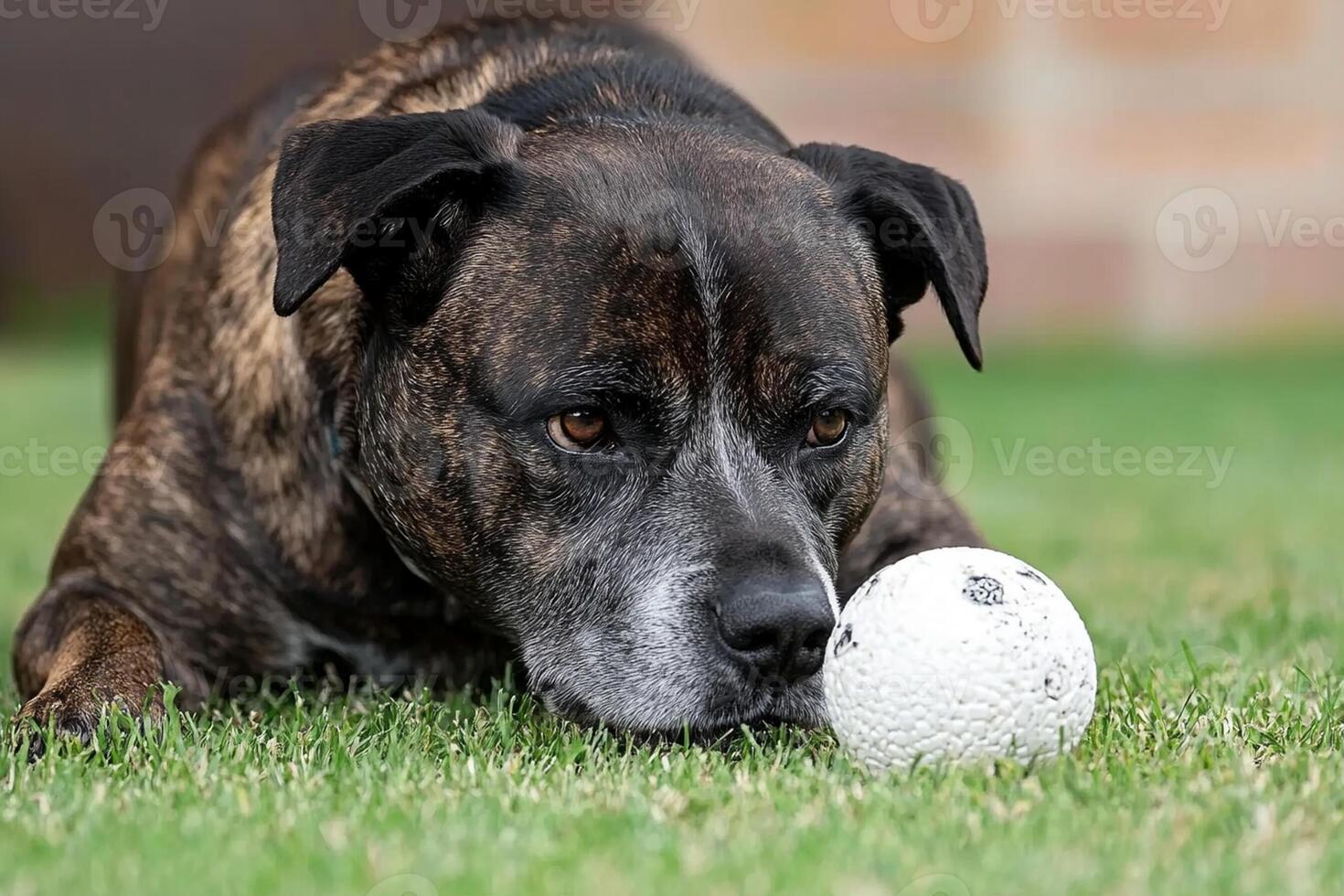 A dog playing with a ball in the grass photo