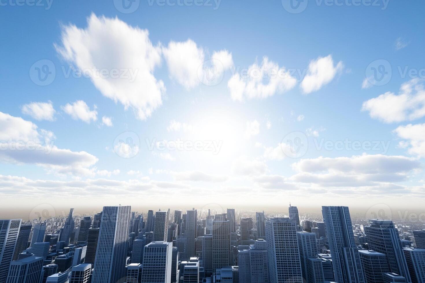A cityscape with clouds and sun in the sky photo