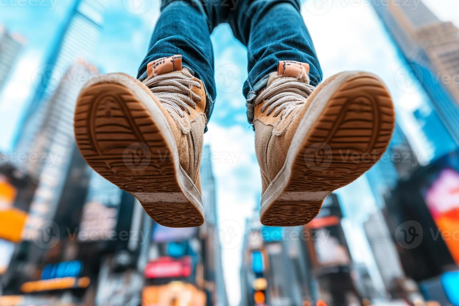 A person's feet are in the air in front of a city photo