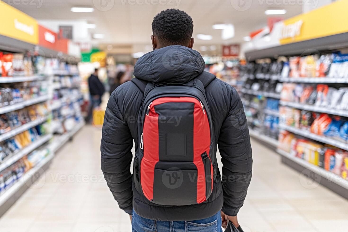 A man with a backpack walking through a store aisle photo