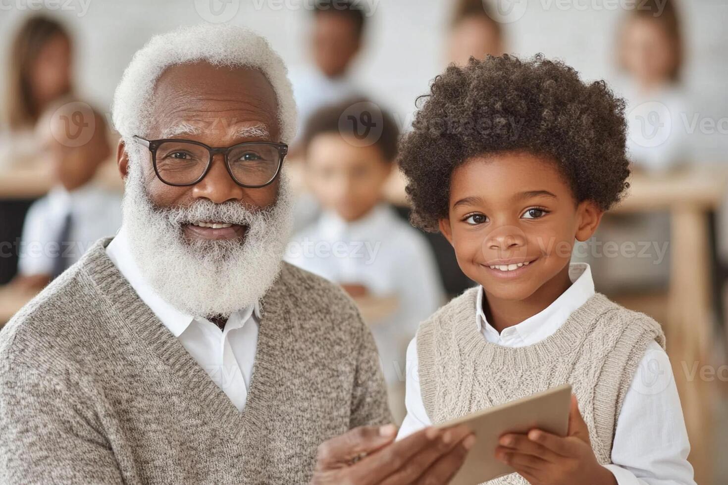 An old man and a young boy are looking at a tablet photo