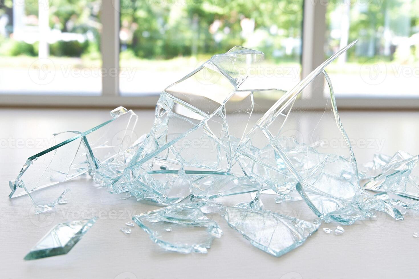 Broken glass on a table in front of a window photo