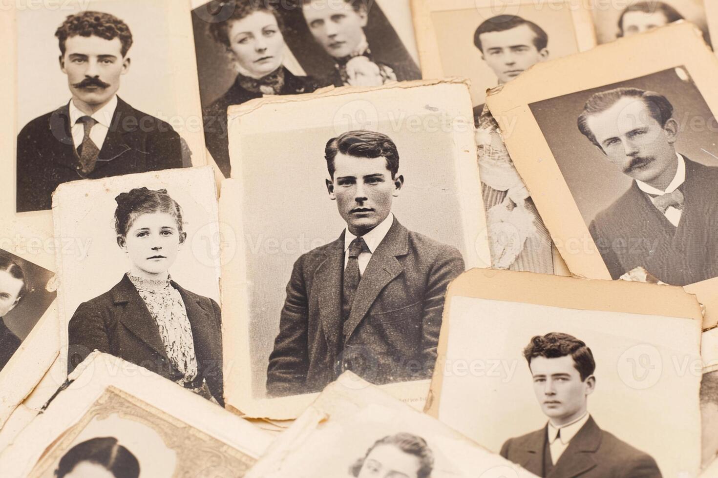 A pile of old photographs of men and women photo