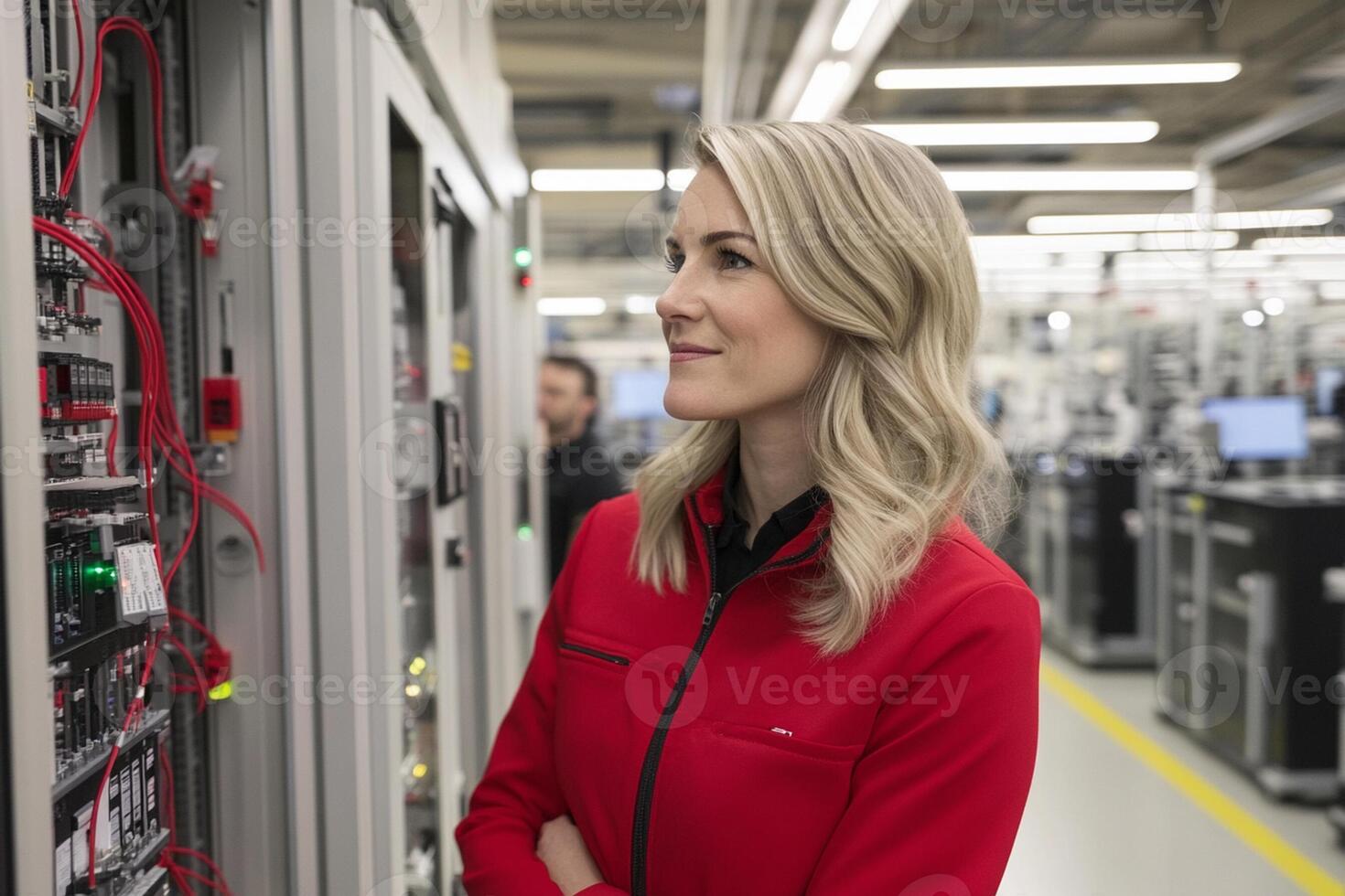 A woman in a red jacket standing in front of a computer photo